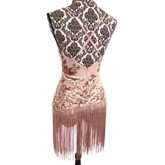 FASHION NOVA Sequin Netting & Long Fringe Nude Color Stretch Party Bodysuit XS - Picture 5 of 5